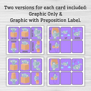 May include: Flashcards for education with a purple background and elephant illustrations. The cards teach prepositions such as "on top," "behind," and "under." The text at the top reads "Two versions for each card included: Graphic Only & Graphic with Preposition Label."