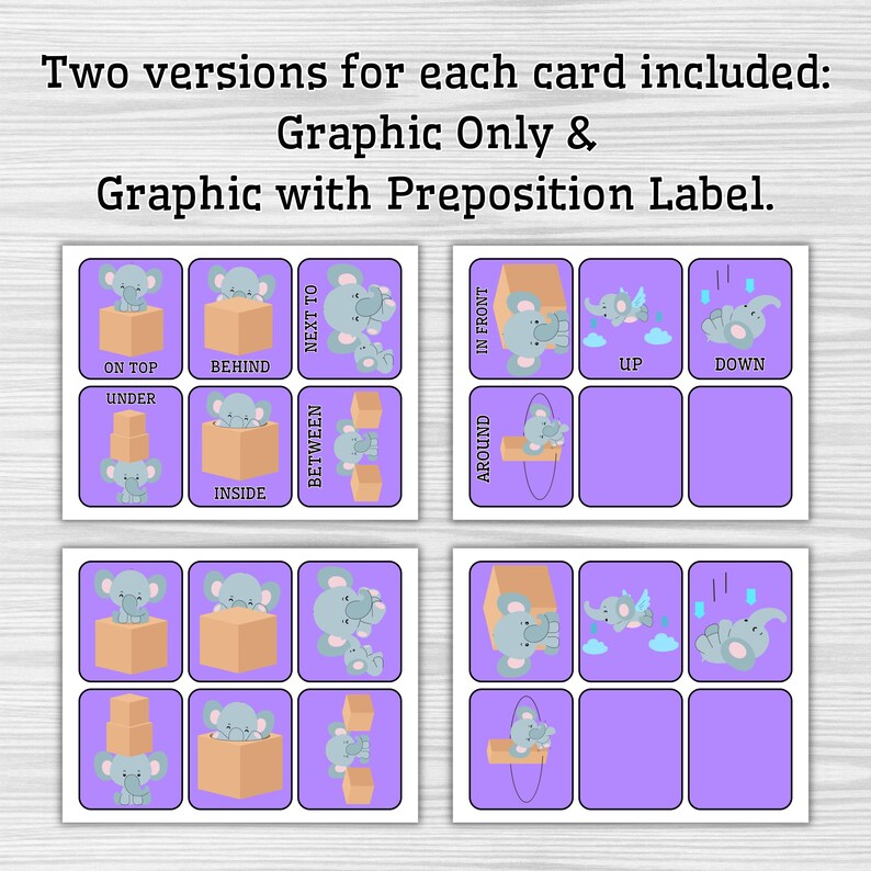 May include: Flashcards for education with a purple background and elephant illustrations. The cards teach prepositions such as "on top," "behind," and "under." The text at the top reads "Two versions for each card included: Graphic Only & Graphic with Preposition Label."