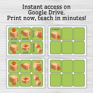 May include: Educational cards showing spatial relationships with boxes and basketballs, including "on top," "behind," and "between." The cards are green and white, with the text "Instant access on Google Drive. Print now, teach in minutes!"