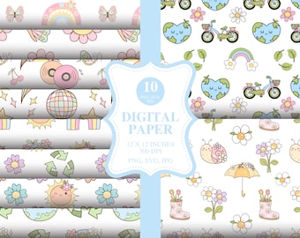 Pode incluir: Conjunto de 10 papéis digitais com lindas ilustrações de desenhos animados. Os designs incluem arco-íris, borboletas, corações, caracóis, flores e muito mais. Cada papel mede 30,5 x 30,5 cm e 300 DPI.