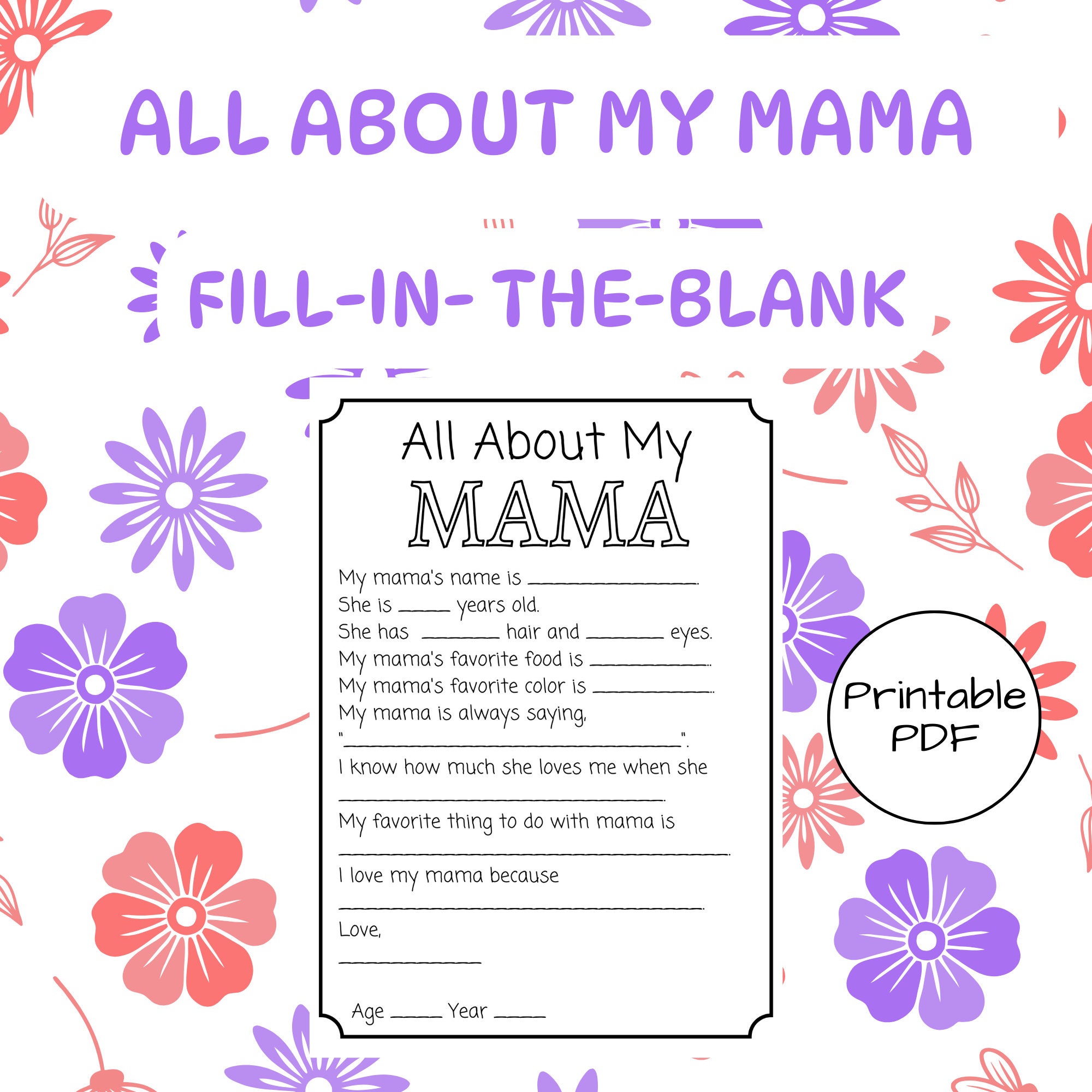 Mama Printable / Mother's Day Gift / Mother's Day Questionnaire ...