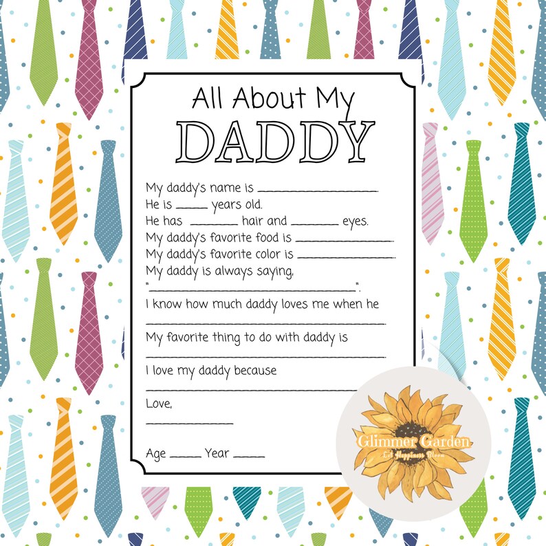 All About My Daddy Printable: Father's Day Questionnaire (PDF) - Etsy