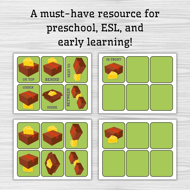 May include: Educational cards for preschool, ESL, and early learning. Each card features a brown box, yellow cheese, and geometric shapes, with directional terms like "on top," "behind," and "inside." The text "A must-have resource for preschool, ESL, and early learning!" is at the top.