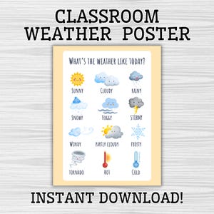 What&#39;s the Weather Classroom Poster – Cute Printable Weather Chart for Kids –  2 Sizes – Preschool & Kindergarten Weather Education