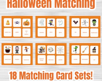 May include: A set of 18 orange and white Halloween matching cards featuring images of Halloween characters and objects, such as a witch, ghost, bat, skeleton, Frankenstein, vampire, scarecrow, haunted house, full moon, cobweb, zombie, broomstick, owl, candy corn, spider, jack-o-lantern, and candy bowl. The cards are labeled with the name of each character or object.