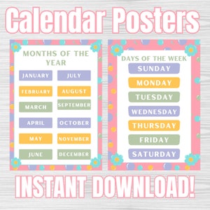 Pastel Color Printable Calendar Poster Set - Days of the Week & Months of the Year - Classroom Decor - Teacher Resources - PDF and PNG