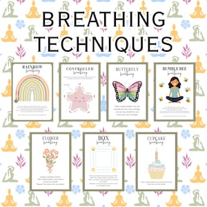 Boho Breathing Technique Cards for Kids – Set of 7 Mindfulness Calm Down Tools - Rainbow, Butterfly, Box Breathing & More - Therapy Tools