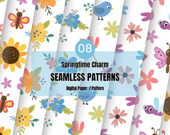 Naadloze lentepatronen: bloemen, vogels, vlinders (JPG, PNG, SVG)