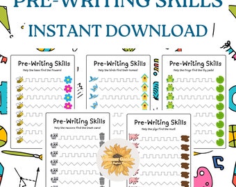 May include: Five printable worksheets for preschoolers to practice pre-writing skills. Each worksheet features a different animal and a simple path to trace. The animals include bees, birds, frogs, raccoons, and pigs. The text on the worksheets reads "Pre-Writing Skills" and includes instructions for the child to help the animals find their way.