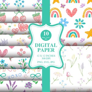 Könnte beinhalten: Eine Sammlung von zehn digitalen Papierdesigns im handgezeichneten Stil. Die Muster zeigen Kirschen, Herzen, Schmetterlinge, Blumen, Regenbogen und Sterne in Pastellfarben. Jedes Papier misst 30,48 x 30,48 cm.