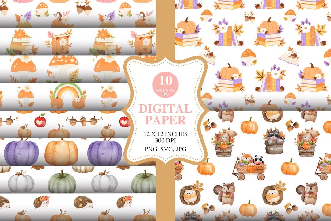Cute Cozy Fall Seamless Pattern Bundle - 10 Autumn Digital Papers PNG ...