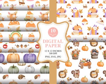 May include: Digital paper set featuring watercolor illustrations of pumpkins, books, mushrooms, and woodland creatures. The designs include a rainbow, acorns, and fall leaves. The paper is 12 x 12 inches and 300 DPI.