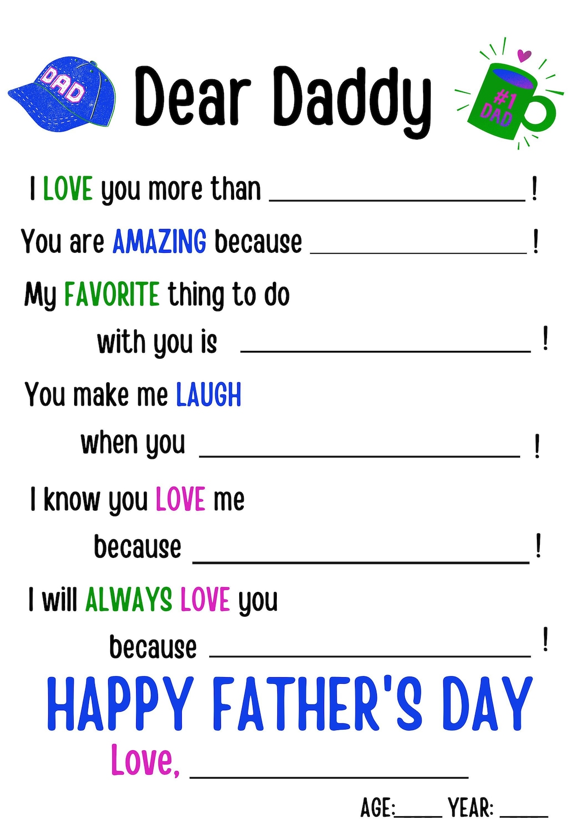 Dear Daddy Printable / Father's Day Gift / Digital Download / Father's ...