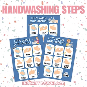 May include: Three blue posters illustrating handwashing steps. Each poster features illustrations and text: "Rinse," "Soap," "Fronts," "Thumbs," "Other Side," "To the Back," "Rinse," and "Dry." The posters read "Let's Wash Our Hands!" and "Handwashing Steps."