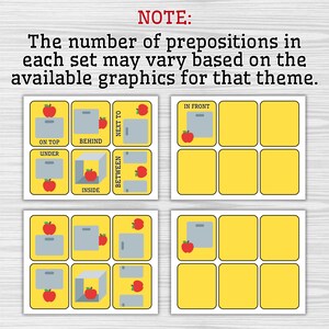 May include: Flashcards for education featuring apples and grey boxes on yellow backgrounds. The cards teach prepositions such as "on top," "behind," and "inside." The text reads "NOTE: The number of prepositions in each set may vary based on the available graphics for that theme."