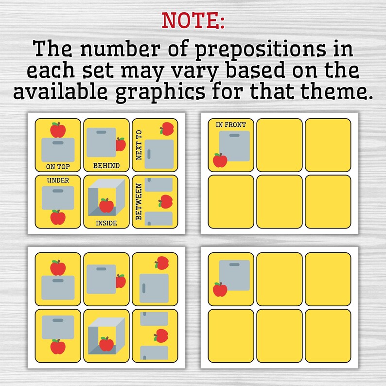 May include: Flashcards for education featuring apples and grey boxes on yellow backgrounds. The cards teach prepositions such as "on top," "behind," and "inside." The text reads "NOTE: The number of prepositions in each set may vary based on the available graphics for that theme."