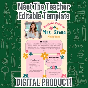 Plantilla editable de Canva Meet The Teacher - Introducción bonita y personalizable al regreso a clases - Biografía imprimible del profesor - Conóceme