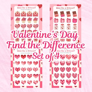 May include: Valentine's Day Find the Difference game with four sets of images. Each set has a different image. The game is designed to help children learn to identify differences. The game is printed on a pink background with a white checkered pattern.
