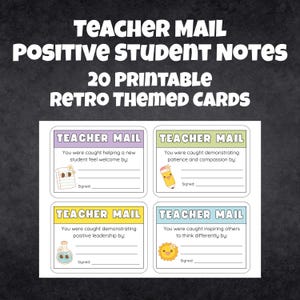 Notes positives pour les élèves par la poste du professeur – 20 cartes imprimables sur le thème rétro – Notes de bonne humeur pour la classe, récompenses d'encouragement