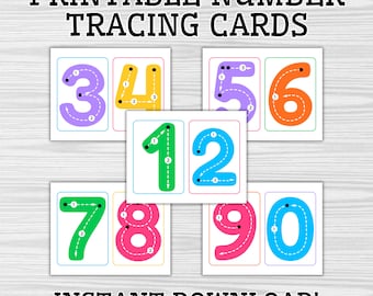 Könnte beinhalten: Ausdruckbare Zahlen-Tracing-Karten mit den Zahlen 0-9 in verschiedenen Farben. Jede Karte hat eine Zahl mit gepunkteten Linien zum Nachzeichnen und Pfeilen, die die Richtung angeben. Der Text "PRINTABLE NUMBER TRACING CARDS" und "INSTANT DOWNLOAD!" sind vorhanden.