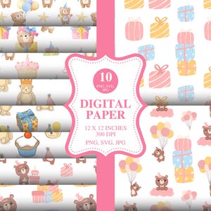 Padrões de aniversário de urso fofo - 10 designs adoráveis e perfeitos + padrão de mistério bônus - Pacote de download digital PNG, SVG e JPG - Aniversário DIY