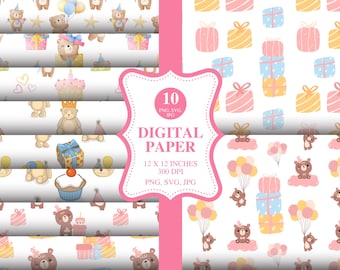 May include: Ten digital paper designs featuring cute bear illustrations with birthday themes. The designs include bears wearing party hats, holding balloons, and surrounded by presents, cakes, and stars. Each design is 12 inches by 12 inches and 300 DPI.