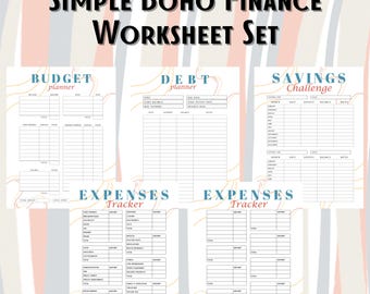 May include: A set of financial worksheets with a simple boho design. The set includes a budget planner, debt planner, savings challenge, and two expense trackers. The text "SIMPLE BOHO FINANCE WORKSHEET SET" is at the top.