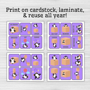 May include: Educational flashcards with a cartoon penguin illustrating prepositions such as "in front," "over," and "under." The cards are purple with white text and illustrations. The text "Print on cardstock, laminate, & reuse all year!" is at the top.