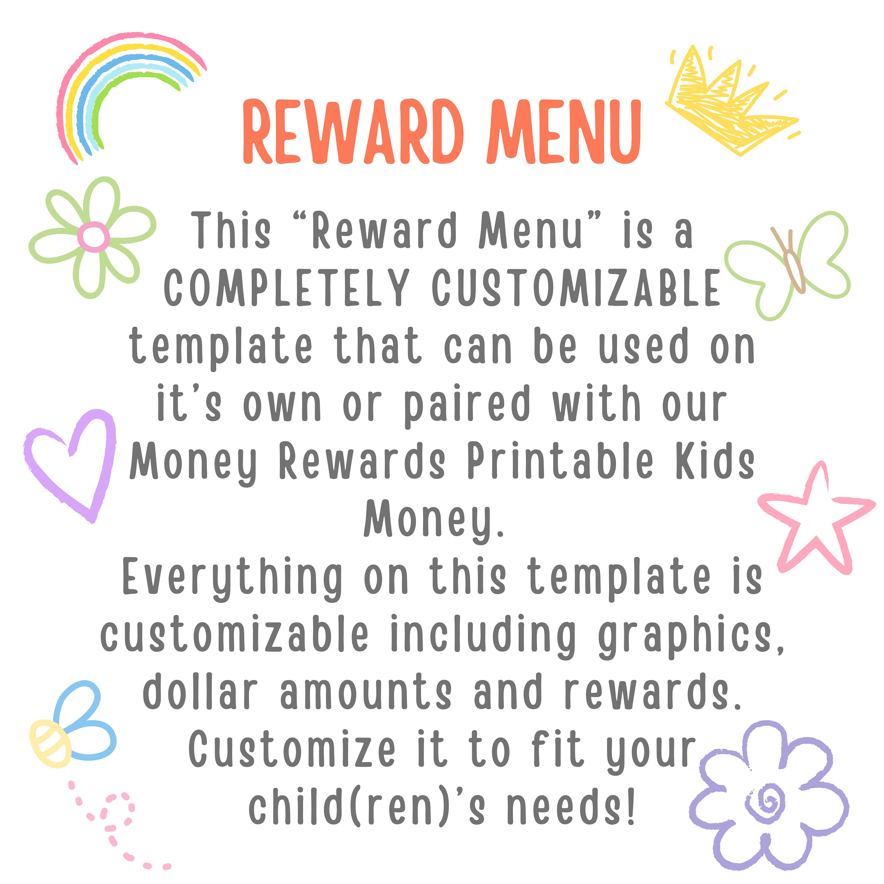 Customizable Reward Money Menu for Kids | Instant Digital Download ...