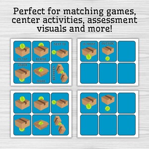 May include: Educational cards featuring boxes and tennis balls, illustrating spatial concepts such as "on top," "behind," and "inside." The cards are designed for matching games and assessment visuals. Text at the top reads: "Perfect for matching games, center activities, assessment visuals and more!"