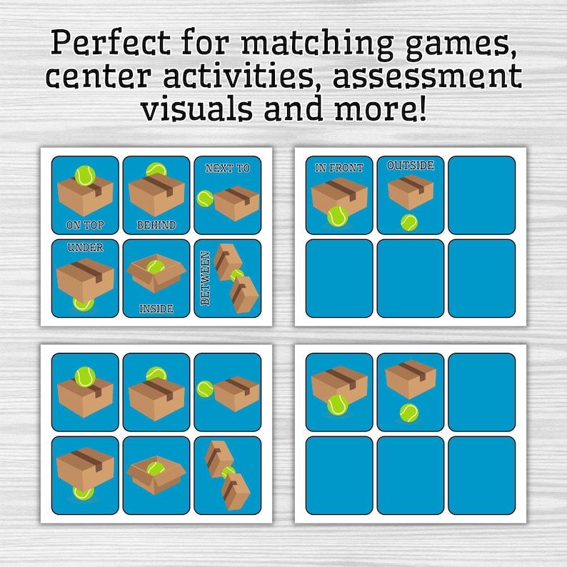May include: Educational cards featuring boxes and tennis balls, illustrating spatial concepts such as "on top," "behind," and "inside." The cards are designed for matching games and assessment visuals. Text at the top reads: "Perfect for matching games, center activities, assessment visuals and more!"