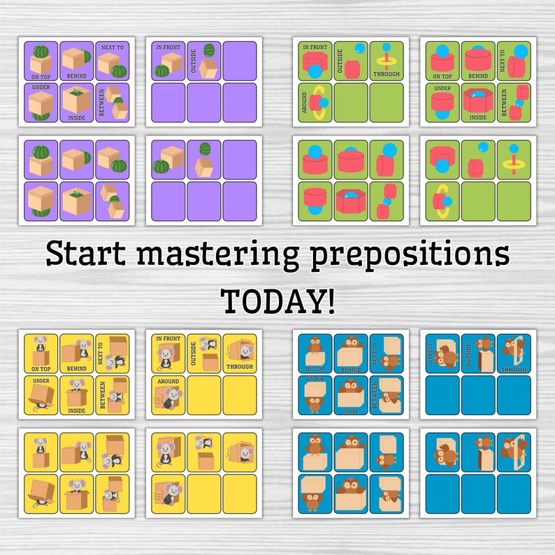 May include: A set of educational flashcards with illustrations teaching prepositions. The cards show objects and animals in different positions, including "on top," "under," and "behind." The text "Start mastering prepositions TODAY!" is also visible.