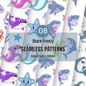 Shark Frenzy Seamless Patterns – 8 Digital Designs - 12”x12” - 300 dpi - PNG, SVG, JPG - Ocean & Sea Life Clipart - Underwater Adventure