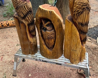 May include: Three wooden owl carvings, two standing on tree trunks and one carved into a tree trunk. The owls are brown and have black eyes. The carvings are on a metal step stool.