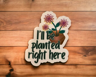 Sticker I'll Be Planted Right Here, plantcadeau, plantsticker, plantenetiket, plantencitaat, bloemensticker, cadeau voor tuinliefhebber, cadeau voor haar