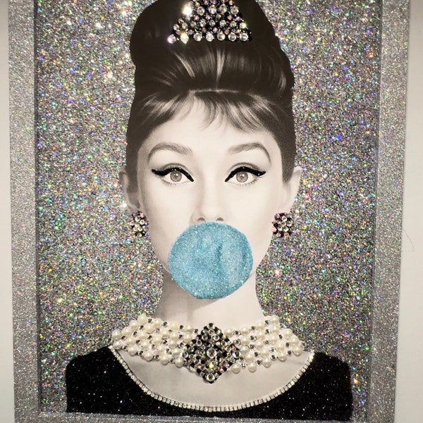 Audrey Hepburn Bubblegum Picture, Crystal Rhinestone And Glitter Picture, Glamour Art, Glitter Picture Frame, Sparkly Art 12.5X15.5 Inches.