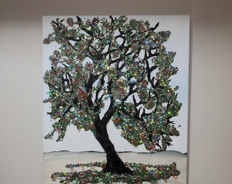 3D Texture Tree Canvas: Pink, Silver, Green Glitter & Crushed Glass (16"X20")