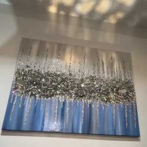 Crushed glass and Glitter Canvas, Hand Made Wall art, Silver and blue Abstract art, Glass art,Glitter painting, Silver glitter Canvas24”x18”
