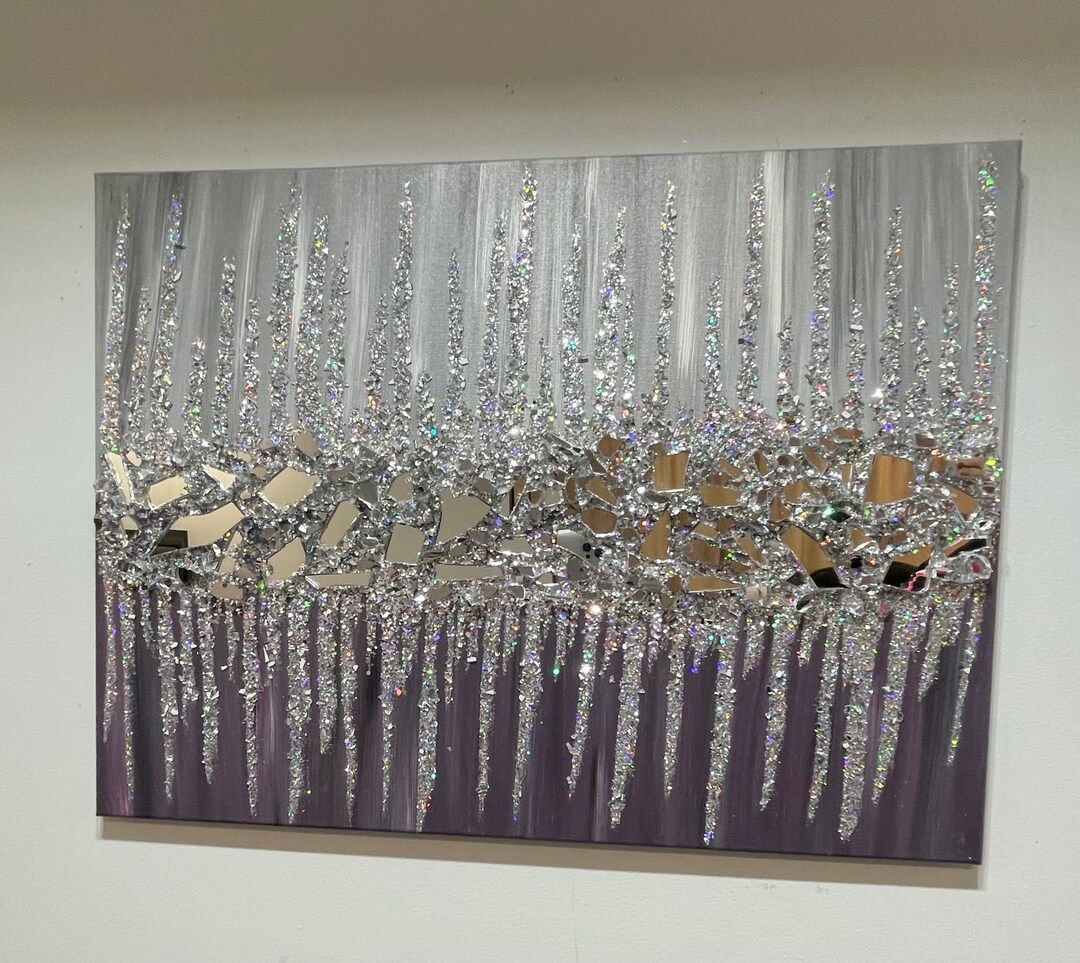 Crushed Glass and Glitter Canvas, Hand Made Wall Art, Wall Picture