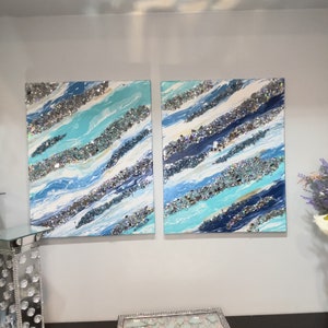 Texture painting crushed glass & Glitter Canvas, Wall Picture, Abstract art, Glass art, Abstract painting, Silver glitter painting set of 2