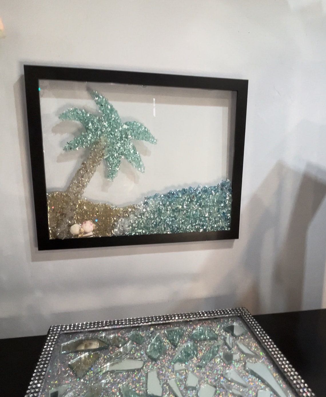 Sea Glass Picture, Beach Scene, Resin Art,palm Tree Art, Beach Glass Art, Sea Crushed Glass