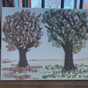 3D Texture Tree Crushed Glass & Glitter Canvas, Green Silver and pink Glitter,Green Silver and pink Crushed Glass Wall Tree Painting 16&quot;x20”