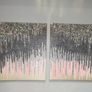 Crushed glass and Glitter Canvas, Hand Made Wall art, Wall Picture, Silver Abstract art, Glitter painting, Silver glitter painting set of 2