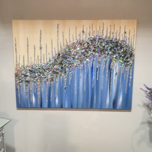 Blue and Silver Crushed Glass Canvas, Hand Made Wall Art, Blue and Gold Abstract Art, Glass Art, Glitter Painting, Silver Glitter Canvas