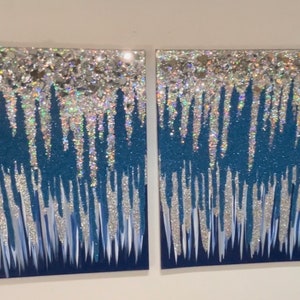 Crushed glass and Glitter Canvas, Hand Made Wall art, Wall Picture, Silver Abstract art, Glass art, Silver glitter Canvas set of 2