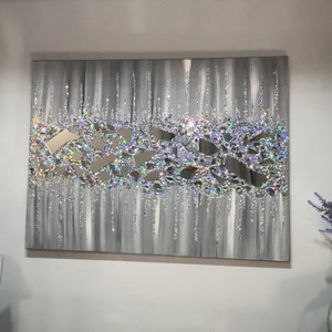 Crushed glass and Glitter Canvas, Hand Made Wall art, Wall Picture, Silver Abstract art, Glitter painting, Silver glitter Canvas