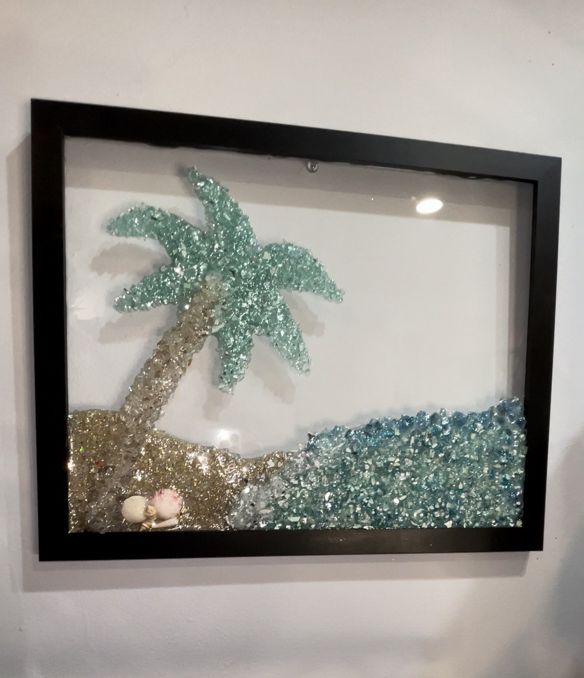 Sea Glass Picture, Beach Scene, Resin Art,palm Tree Art, Beach Glass Art, Sea Crushed Glass
