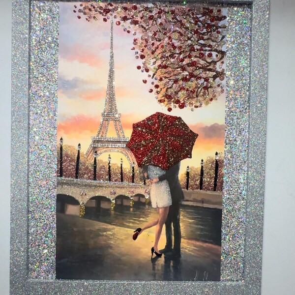 Paris Picture, Crystal Rhinestone And Glitter Picture, Home Decor, Glamour Art, Glitter Picture Frame, Sparkly Art 15.5"X12.5" Inches