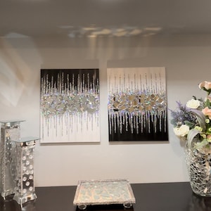 Crushed glass & Glitter Canvas, Hand Made Wall art, Wall Picture, Silver Abstract art, Glass art, Glitter painting set of two