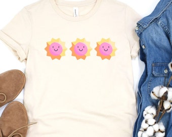 Womens fit sunny T-shirt, 3 happy suns, smiley suns, cute T-shirt, new for 2023, cream